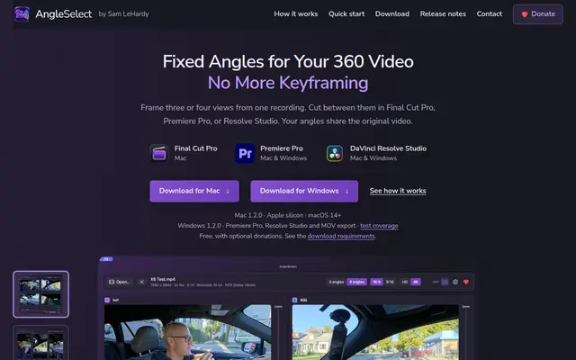 The AngleSelect home page — fixed angles for your 360 video, with Final Cut Pro, Premiere Pro and Resolve Studio badges and downloads for Mac and Windows