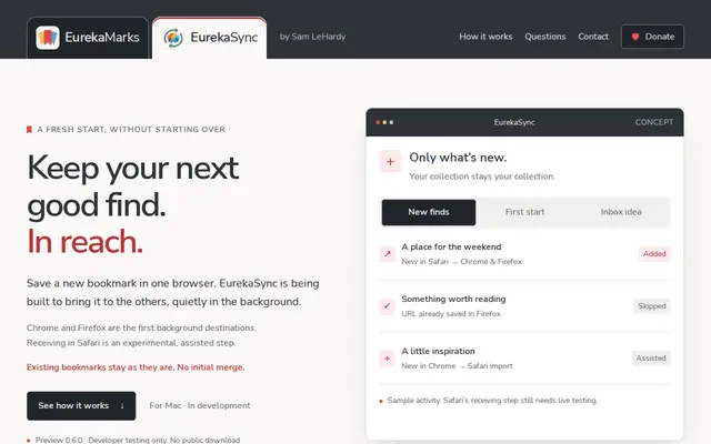 The EurekaSync home page — keep your next good find, in reach